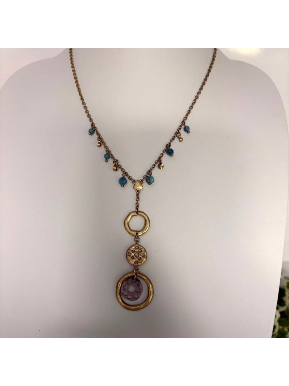 Lia Sophia Blue Bead Bronze Y Pendant Necklace Adjustable Chain Modern Boho